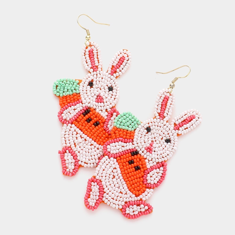 Felt Back Seed Beaded Easter Carrot Bunny Dangle Earrings